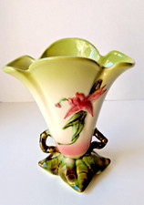 Vintage Hull Woodland Chartreuse Pink Pottery Handled Vase, 1950s, Marked, 8.75