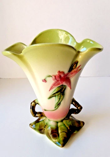 Vintage Hull Woodland Chartreuse Pink Pottery Handled Vase, 1950s, Marked, 8.75"