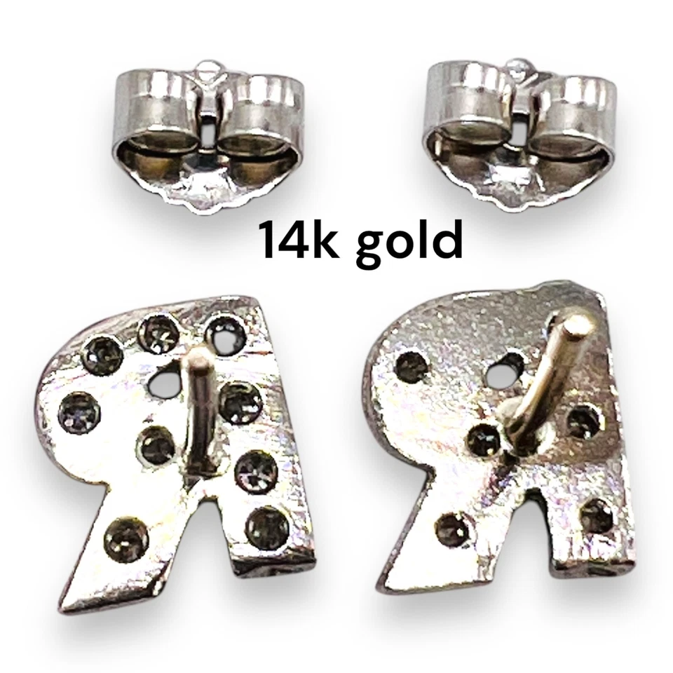 Solid 14k White Gold Initial Letter R Diamond Stud Earrings - Image 2 of 4