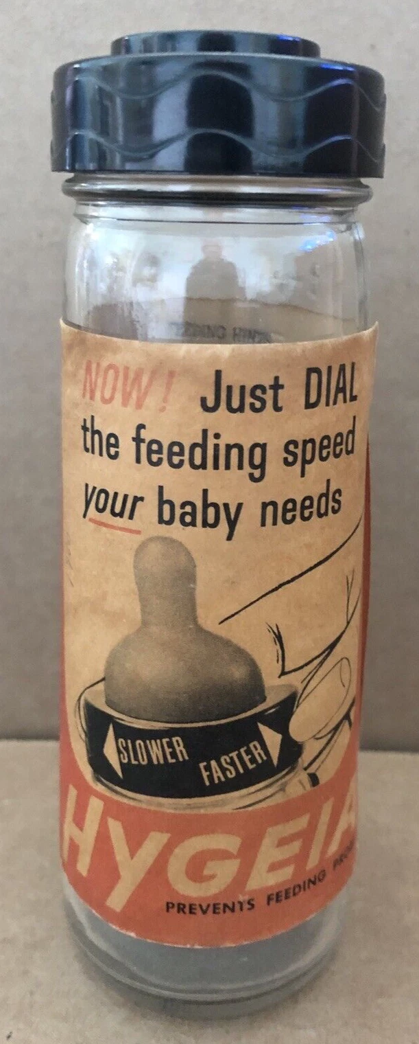 Vintage HYGEIA Glass Baby Bottle w/ Original Sleeve DIAL Feeding Speed SLOWER FA