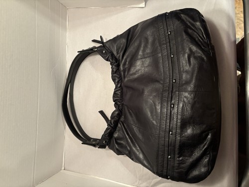 Perlina Black Leather Shoulder Bag Purse Hobo Slouchy Studs - Picture 8 of 15