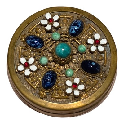 Antique Filigree Brass Cabochon Jeweled Czech Style Compact/Trinket Box