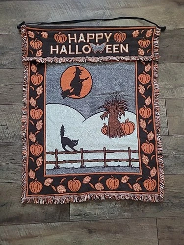 Vintage Happy Halloween Tapestry Woven MWW Wall Hanging Witch Moon Cat 1991