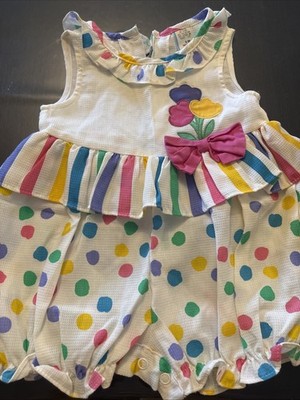 Vintage 90s Pink White Yellow Bubble Romper Polka Dot Summer Baby 18 Mo Ruffle