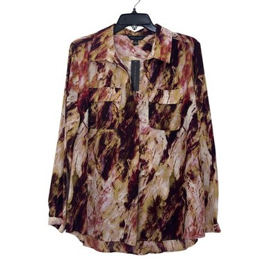 Investments Women Marble Print Half Button-Up Tunic Blouse Size L Long Sleeve