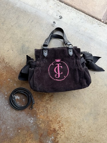Juicy Couture: Daydreamer Handbag Black Velour Pink Stitching • PRE-OWNED