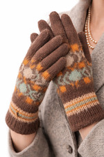 VTG 1920s 1930s Hand Knit Patterned Gloves Art Deco Era Textile Brown Teal