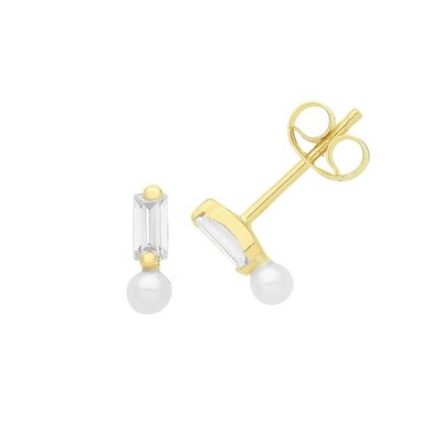 Baguette Natural Pearl Stud Earrings 9ct Yellow Gold 375 Hallmarked Brand New