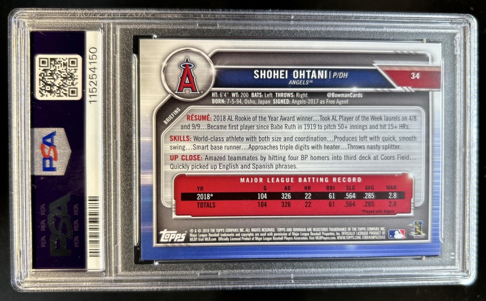 2019 Bowman Shohei Ohtani #34 Angels PSA 10 GEM MINT view 2
