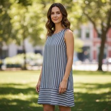 Sleeveless Striped 100% Cotton Shift Dress Zipper Detail Frayed Fringe Preppy S