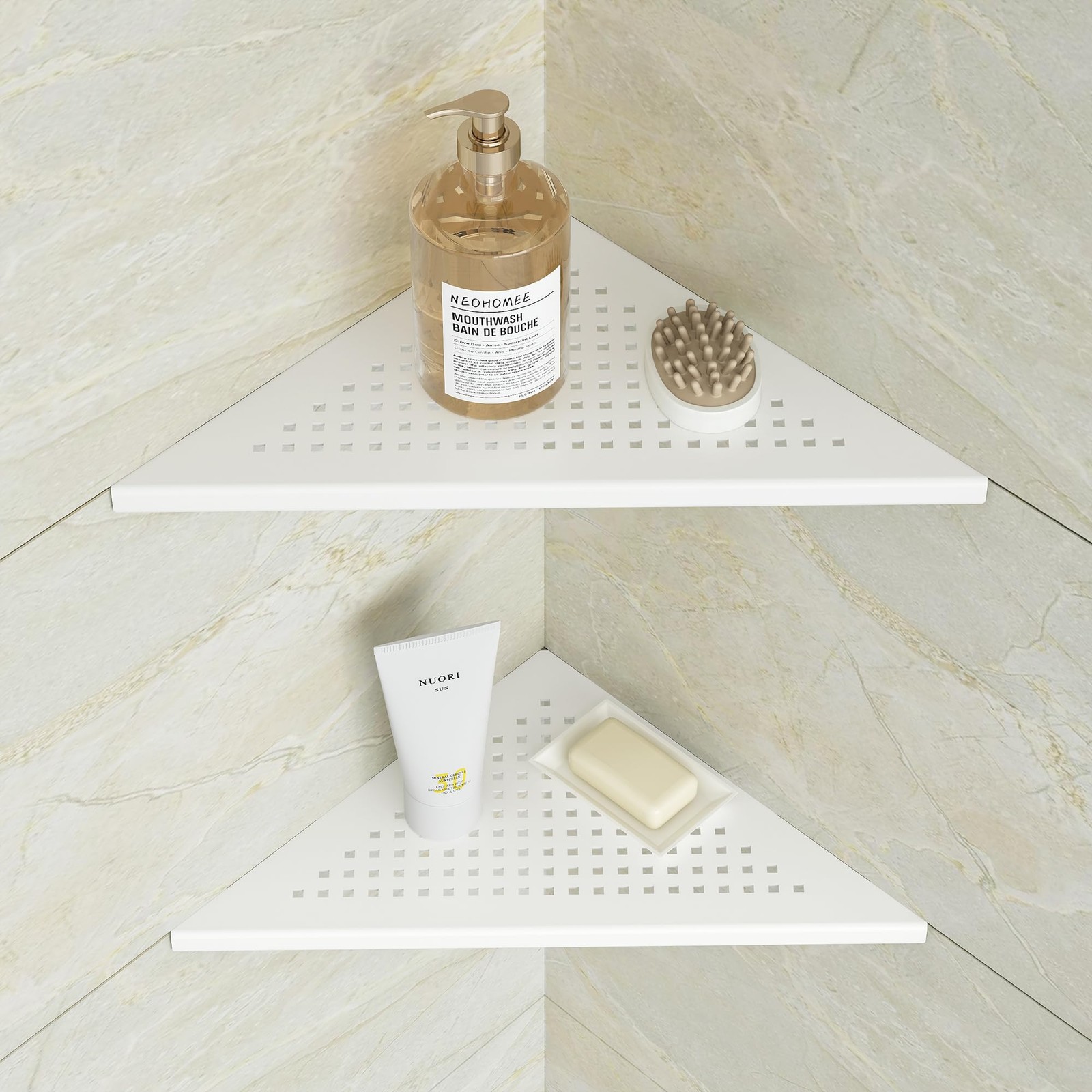 Étagère de douche d'angle en inox brossé pour une routine zen