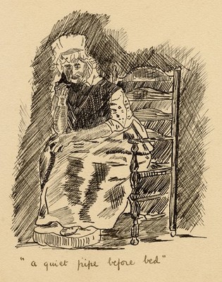 Alte Frau Karikatur ''Eine ruhige Pfeife vor dem Schlafengehen'' Feder & Tusche Zeichnung 1891 R.J.R.F.