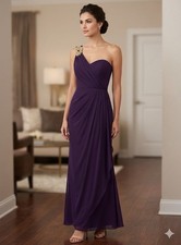 Xscape Women’s 6 Purple Draped Gold Embellished One Shoulder Long Gown Dress S