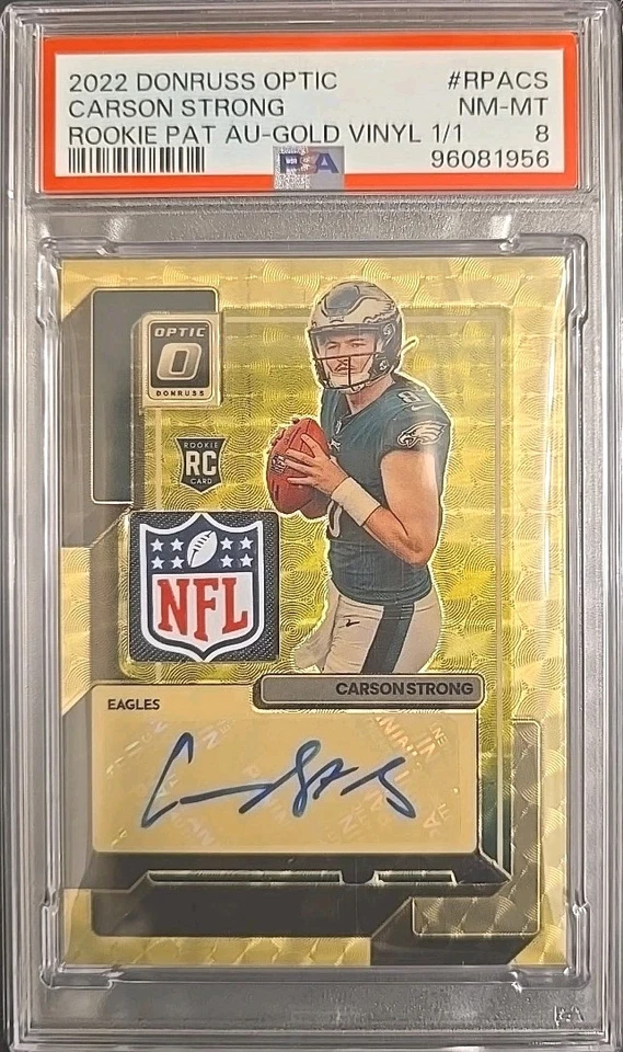 2022 CARSON STRONG DONRUSS OPTIC NFL SHIELD 1/1 GOLD VINYL NFL SHIELD RC PSA 8 - Image 3 of 4