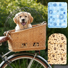 Wicker Dog Bike Basket, Rattan Pet Carrier for Small Dogs Cats with Protective G
