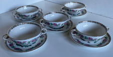 Maddock twin handled Soup Cups / Bowls with saucers x5. Indian Tree. Vintage