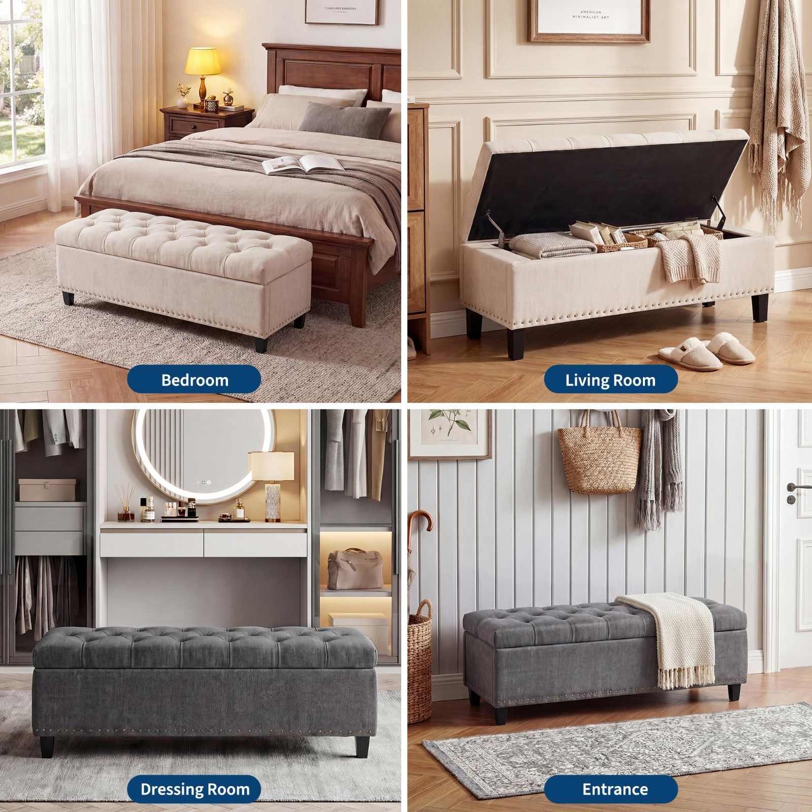 51" Large Storage Ottoman Bench,  End of Bed Storage Bench Upholstered Bench