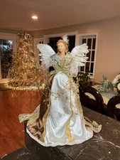 Christmas Angel Tree Topper Ivory Brown And Gold Chiffon Elegant Gown 17”