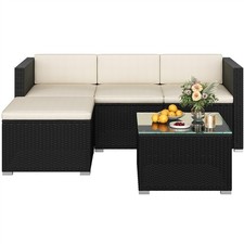5 Pieces Rattan Patio Furniture Set 3 Sectional Sofas & 1 Stool& 1 Coffee Table