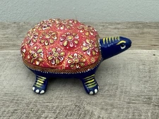 Turtle Figurine Metal Enamel Blue Floral Bombay Company Turtles