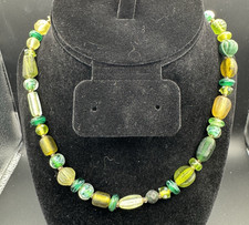 Green Glass Bead Necklace 17" Variety of Beads Mostly Matte, Bronze Tone Clasp