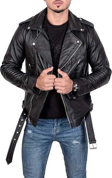 MensBrandoCowhideLeatherJacketMotorcycleBlackMarlonBikerJacketClassic