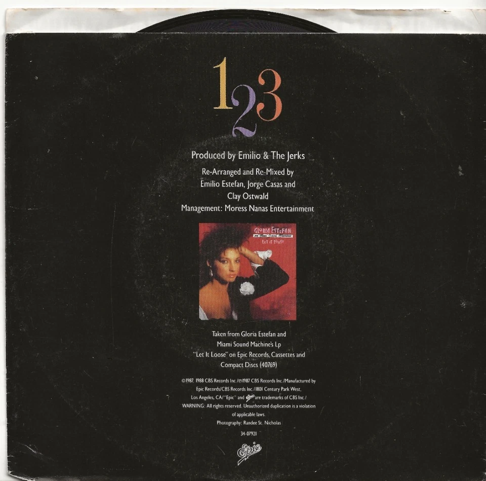 MIAMI SOUND MACHINE GLORIA ESTEFAN 1-2-3 USA WHITE LABEL PROMO 7 INCH SINGLE - Image 2 of 2