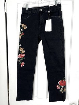 Zara NEW Trafaluc Embroidered Black Jeans Crop Flare 38 6