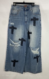 Bottega Desires Men's Light Wash Cross Patch Distressed Denim Jeans Sz 30