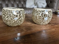 2 Ivory Cracked Glass Tea Light Votive Holder World Market Vintage 