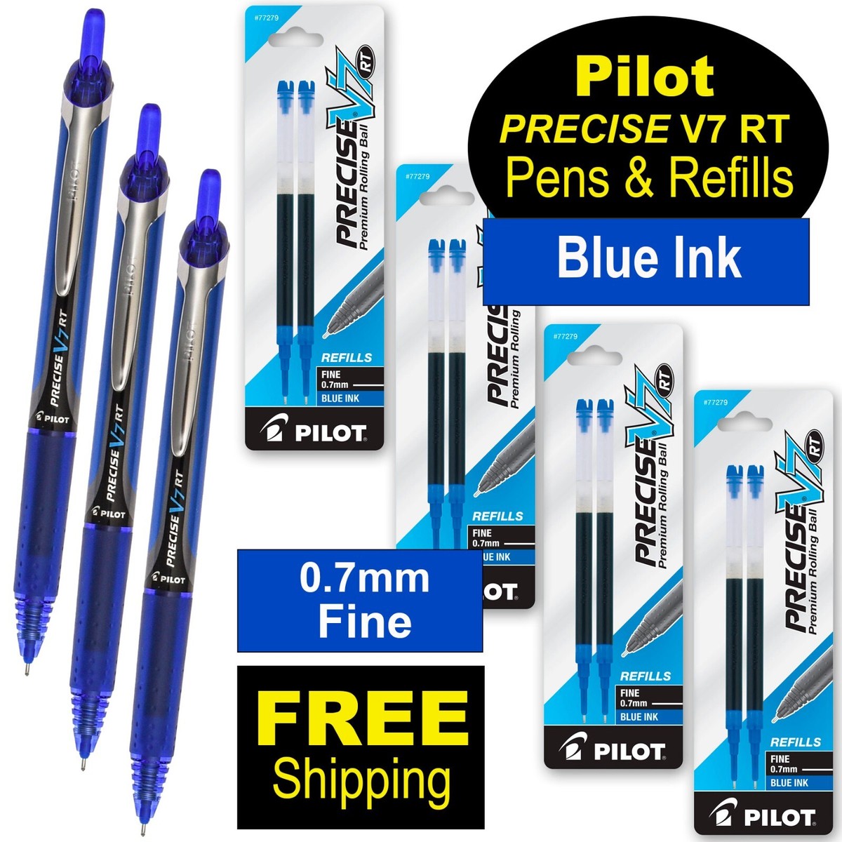 Pilot Precise V7 RT, 3 Pens With 4 Packs of Refills, Blue Ink, 0.7