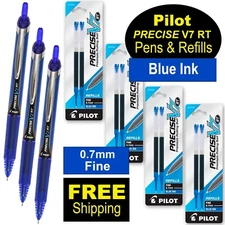 Pilot Precise V7 RT, 3 Pens With 4 Packs of Refills, Blue Ink, 0.7mm Fine Point