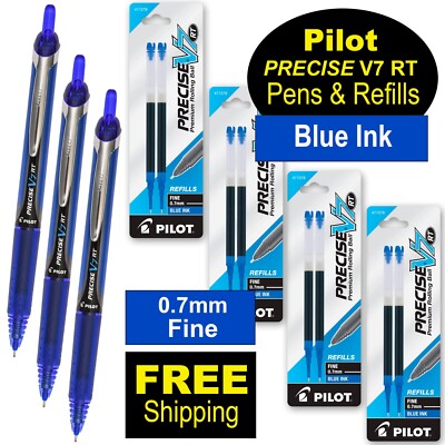 Pilot Precise V7 RT, 3 Pens With 4 Packs of Refills, Blue Ink, 0.7mm Fine Point
