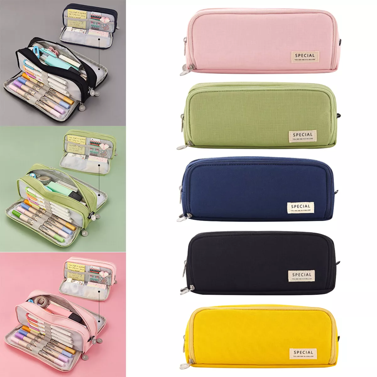 Pencil Case Large Capacity Double Sided Zip Stationary Storage 3  Compartments