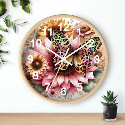  Butterfly Pink Flowers Art Wall Clock Home Decor Wildflowers 3D Wood Frame
