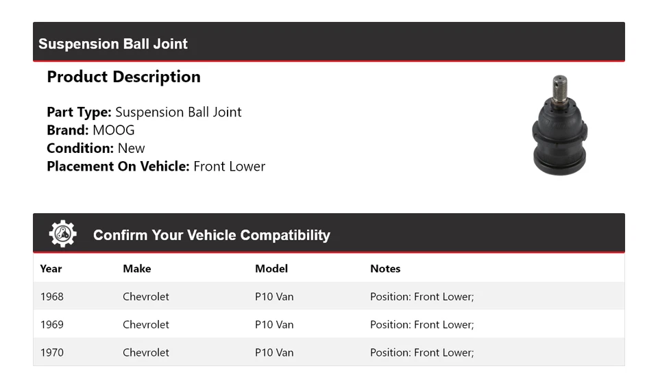 Para Chevrolet P10 1968-1970 furgoneta suspensión rótula delantera inferior MOOG 1968 1969 Foto 2 de 4