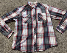 Levis Mens Shirt Pearl Snap Size Large Red Gray Plaid Long Sleeve Lightweight