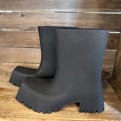 New Womens Balenciaga Trooper Black Rubber Waterproof Ankle Boots