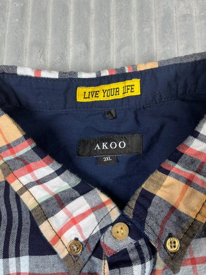 Akoo Button Up Shirt Men's 3XL Plaid Short Sleeve Button Up Dragonfly Embroidery - Image 4 of 4