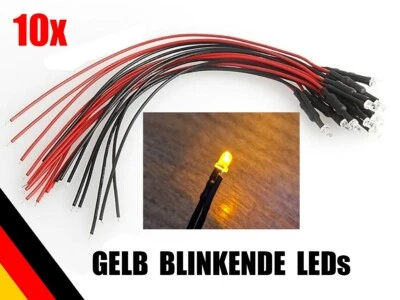 10 Stück LED 3mm GELB klar Blinkt Flash 6-12V fertig verkabelt Modellbau H0 N