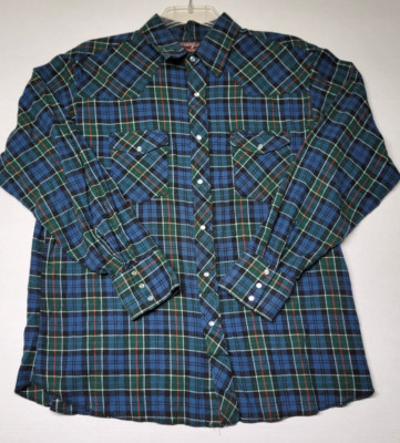 Wrangler Western Flannel Shirt Mens XL Pearl Snap Front Plaid Long Sleeve