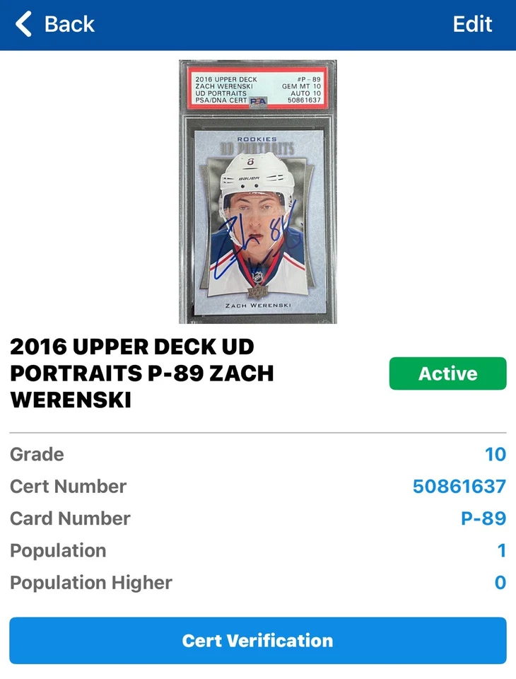 2016 UPPER DECK Zach Werenski PSA 10 AUTO RC YOUNG GUNS PORTRAITS ROOKIE Pop = 1 - Image 2 of 3