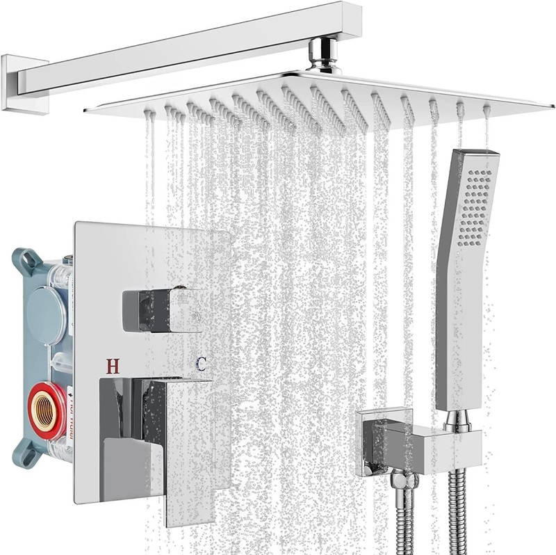 gotonovo 12 Inch Rain Shower System Polish Chrome Square Shower Head Combo Set