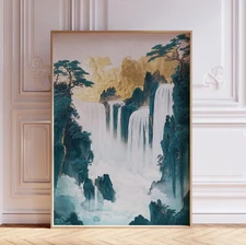 Green and Gold Waterfall Japandi Wall Art Print