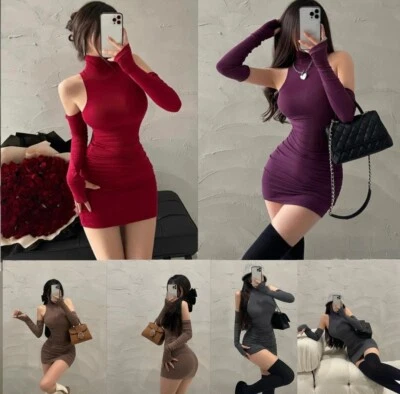 Robe Femme Sexy moulante Mini Jupe Épaule Nu Gant Mitaine Haut  Col Roulé 3pcs - Photo 1/4