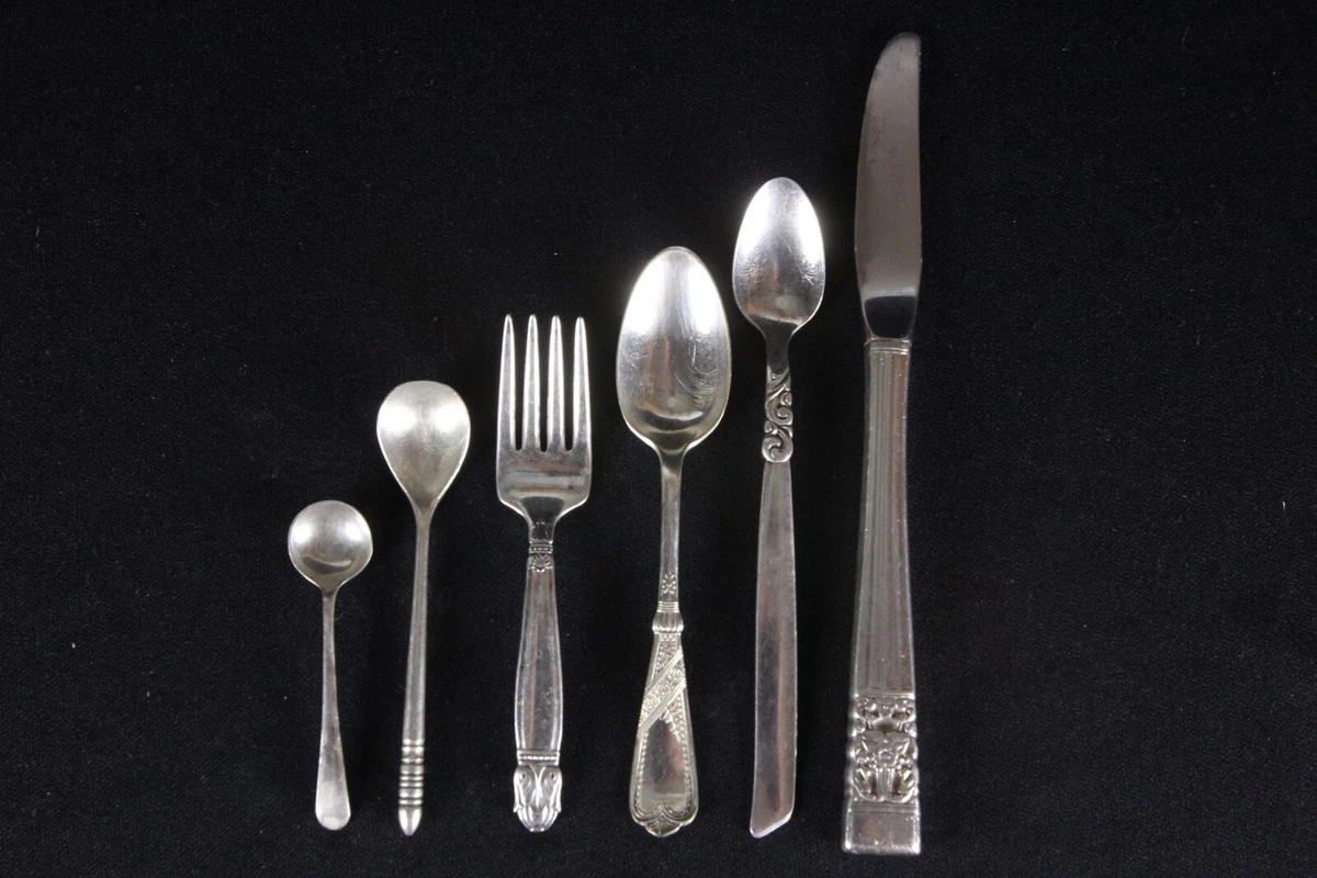 6 Small Silver Plated Spoons Fork & Knife Infant Baby Utensils