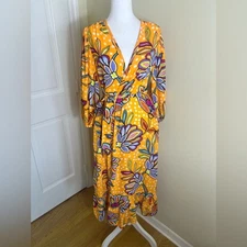 Tabitha Brown for Orange Print Floral Dress Coverup with Tie Belt Size M Pockets