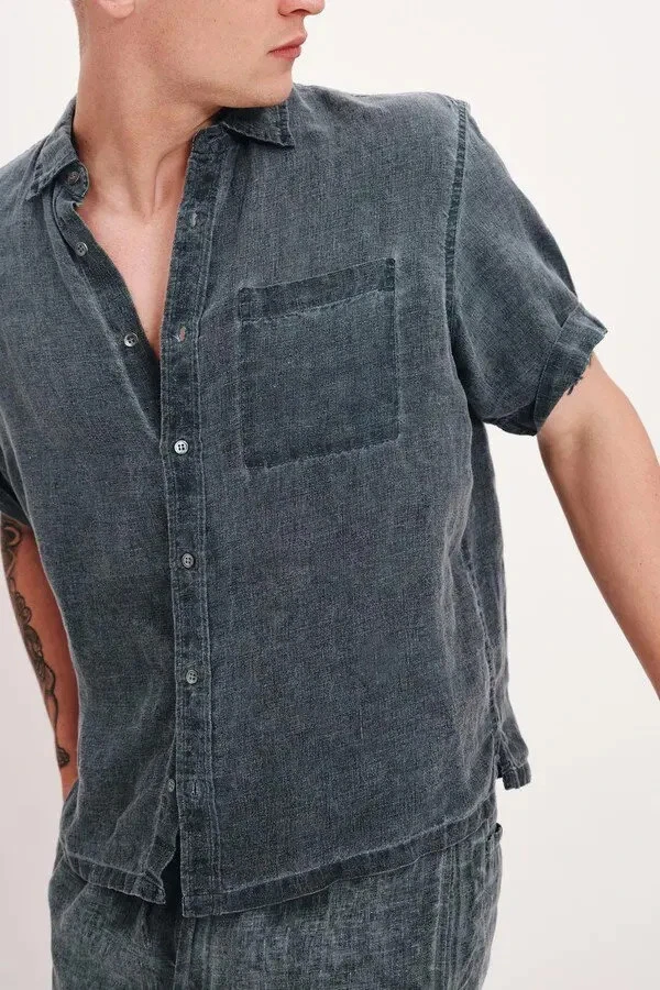 ATM Shirt Mens Large Washed Out Gray Black Button Up Linen Camp Collar $195