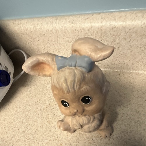Ceramic Rabbit Figurine Sitting Bunny with Blue Bow, Big Eyes | eBay