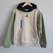 Adidas Youth Graphic Logo Pullover Hoodie Sweatshirt Beige Green Sz L 14-16 NEW
